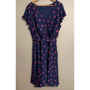 ModCloth Dress Womens 2X Blue Kiss Heart Print Wrap Midi Belted Flutter Sleeve